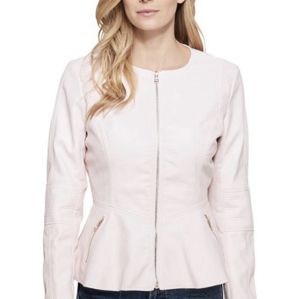 GUESS Faux Leather Peplum Jacket Women XL Pale Pink Full Zip Breathable Modern